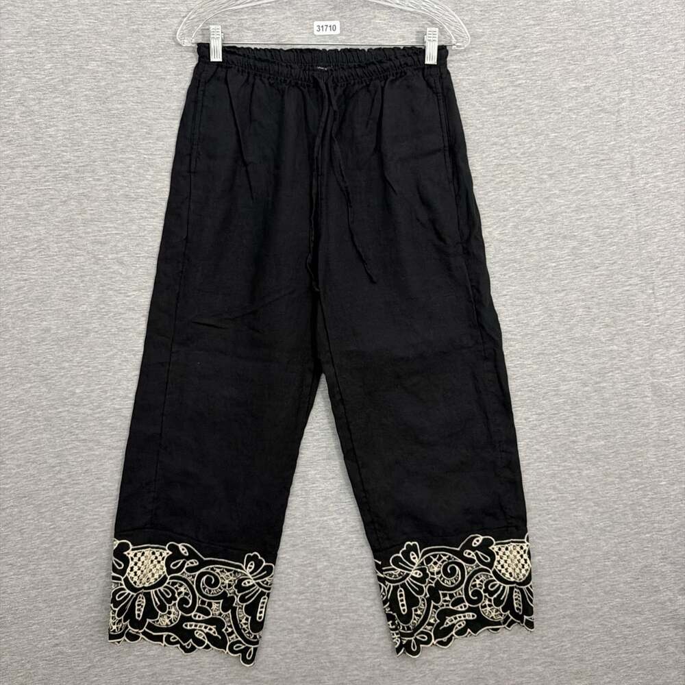 J Crew Womens Size XS Black 100% Linen Embroidered Hem Elastic Pants